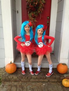 My daughter(Thing 1) and niece (Thing 2) on Halloween. Red long sleeve leotards with iron ons (purchased from ebay). Blue wigs from Party City. Nude tights, leg warmers and red shoes from Wal-Mart. Turned out so cute:) Thing 1 And Thing 2 Costumes, Thing One And Thing Two Costumes, Dr Seuss Drawings, Tights Leg Warmers, Blue Wigs, Nude Tights, Dr Seuss Week, Book Dress, Cartoon Cosplay