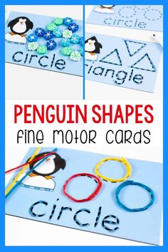 penguin shapes fine motor cards with the words circle and penguin on them, in blue background