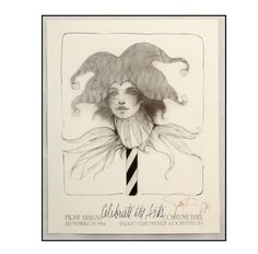 a black and white drawing of a clown's head with hair blowing in the wind