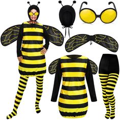 a woman wearing a bee costume and matching glasses