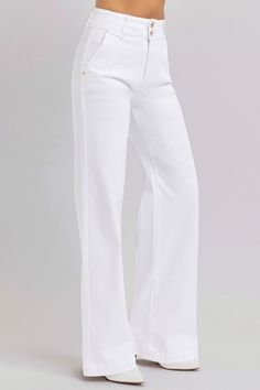 These wide leg jeans have a flattering fit and stylish design. With a high-rise waist and double button closure, they provide great support and shaping. The relaxed wide leg cut creates a chic silhouette, perfect for casual or dressy occasions when paired with a fitted top or blouse. Features: Pocketed Stretch: Slightly stretchy Material composition: 92% cotton, 6% polyester, 2% spandex Care instructions: Machine wash cold. Tumble dry low. Imported Size Waist Hip Inseam Rise 0(24) 24 30 32.5 11 1(25) 25 31 32.5 11 3(26) 26 32 32.5 11 5(27) 27 33 32.5 12 7(28) 28 34 32.5 12 9(29) 29 35 32.5 12 11(30) 30 36 32.5 13 13(31) 31 37 32.5 13 15(32) 32 38 32.5 13 1XL 34 39 32.5 14 2XL 36 41 32.5 14 3XL 38 43 32.5 14