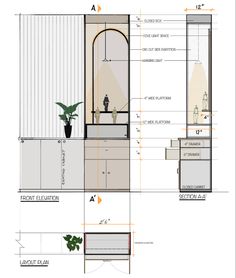 an architectural drawing shows the interior and bathroom areas