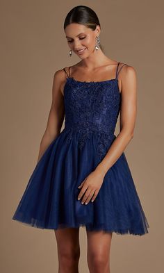 Delightful and sweet, this short homecoming dress has an edgy twist. So cute from the front, this fit-and-flare short party dress has delicate embroidery that flows from the slight scoop neckline, past the natural waist, and onto the full a-line skirt. With every turn, you see a sexy side with double spaghetti straps that flow over the open back before tying into a trendy corset design. Turn up the heat with every spin in this short homecoming dress that is just as alluring for sweet-16 parties, Lilac Dress Short Homecoming, Lilac Dress Short Hoco, Short Dance Dresses, Dresses For Homecoming, Navy Homecoming Dress, Grad Dresses Short, Short Hoco Dresses, Dress With Corset, Mini Homecoming Dresses