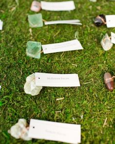 several small pieces of glass sitting on the grass with name tags attached to them,