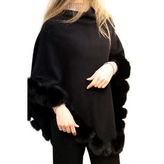 Plush Poncho With Fur Trim - Black - One Size (38 X 28 Inches) - Viscose/Fox Fur Black Capelet For Evening Wear, Elegant Black Poncho Cape, Elegant Black Cape Poncho, Elegant Black Winter Cape, Black Winter Evening Shawl, Black Evening Shawl For Winter, Fox Colors, Black Poncho, Ladies Poncho