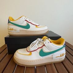 Brand New Nike Air Force 1 Shadow Size Women 8 Style Code: Ci0919-118 Color: Summit White/Yellow Ocher/Lapis/Neptune Green This Size Is Sold Out Online ******** Please Take A Close Look Of All Pics And Video, You Will Get The Exact Pair Of Shoes Displayed In Pics. All Sales Are Final And I Don’t Accept Return! Thank You! Nike Air Force 1 Shadow, New Nike Air Force, Air Force 1 Shadow, Rare Nikes, Nike Tennis Shoes, Womens Training Shoes, Nike Air Zoom Pegasus, Air Max Women, Nike Air Huarache