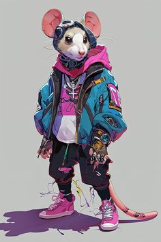 a rat in a blue jacket and pink hoodie standing next to a pair of tennis shoes