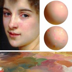 an image of a woman's face with different colored spots on it and the same painting