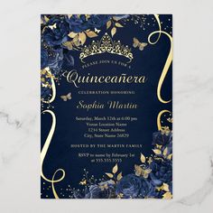 an elegant quinceauera birthday party with blue roses and gold foil on the front