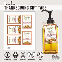 a bottle of thanksgiving giving gift tags next to a soap dispenser