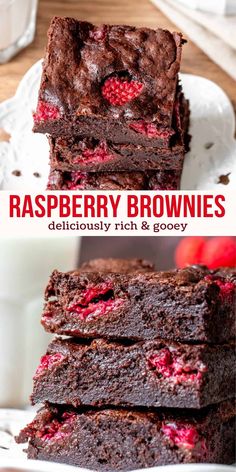 chocolate raspberry brownies are stacked on top of each other and have been cut in half