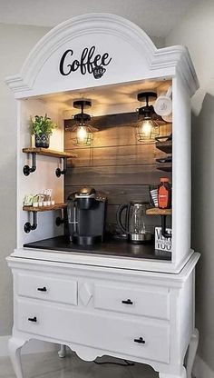 the coffee bar is built into an old dresser