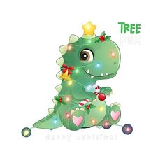 a green dinosaur with christmas lights on its neck and head, sitting in front of a white background