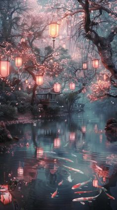 a pond filled with lots of water and lit lanterns hanging from the trees over it