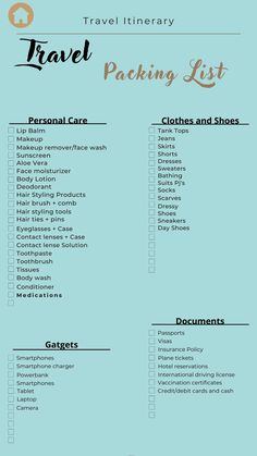 the travel packing list is shown on a blue background