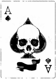 an ace playing card with a skull in the middle and two hearts on each side