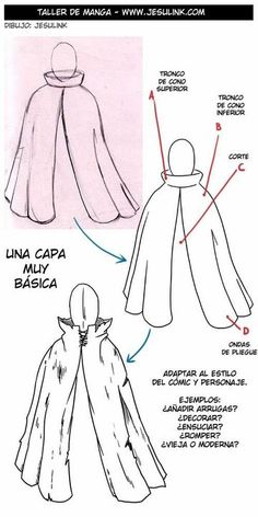 three different types of capes with the names and description in english, spanish, and french