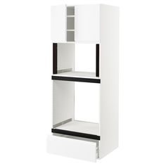 a white and black shelf unit with two shelves on each side, in front of a white background