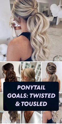 Elevate your hairstyle game with this stunning twisted low ponytail, featuring loose braids, curls, and twists. Volume at the top adds drama, while beach waves complete the look - perfect for a special day! Low Pony Hairstyles Wedding, Ponytail Updo Wedding Bridesmaid, Low Ponytail Wedding Hair, Bridal Hair Ponytail, Ponytail Updo Wedding, Hairstyles To Draw, Bridal Ponytail Hairstyles, Ponytail Wedding Hair, Bridesmaid Ponytail