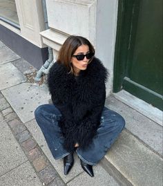 Black Fur Jacket Outfit Winter, Black Fur Aesthetic, Black Fur Coat Aesthetic, Black Afghan Coat, Fur Coat Outfit Black, Black Fur Jacket Outfit, Black Fur Outfit