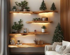 a living room filled with furniture and christmas trees on the wall next to each other