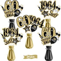 black and gold 50th birthday decorations with the number forty four on it, in vases