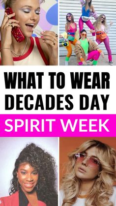 What to wear for decades day spirit week. From the 90s to the 2000s and 70s check out these cute decades day ideas. Homecoming Decade Day Ideas, 80s Fashion Spirit Week, Salad Dressing Spirit Week Ideas, 90s Fashion For Spirit Week, 50s Spirit Week Outfit, Decade Spirit Week Ideas, Spirit Week 2000s Day, 90's Dress Up, Y2k Spirit Day Outfit