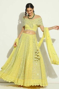 Yellow attached cancan lehenga with chikankari, swarovski embroidery in geometric pattern. Paired with off-shoulder embroidered padded blouse and cutwork border embroidered dupatta. - Aza Fashions Geometric Lehenga, Broad V Neck, Swarovski Embroidery, Cancan Lehenga, Lehenga Pattern, Net Embroidery, Padded Blouse, Lehenga Blouse, Embroidered Dupatta