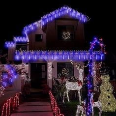 a house with christmas lights on the front and side of it, decorated in blue and white