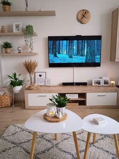 a living room with two tables and a flat screen tv on the wall above it