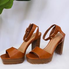 Leather Sandal Heels With Wood Block Heel. Leather Strap. Brand New Beach Sandals With 4-inch Block Heel, Beach Sandals With 4-inch Heel And Round Toe, Summer Brown Open Heel Heels, Brown Block Heel Summer Sandals, Brown Summer Sandals With Block Heel, Brown Sandals With 4-inch Heel For Beach, Brown 4-inch Heel Sandals For Beach, Brown Synthetic Block Heels For Summer, Brown Synthetic Summer Heels