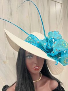 "Ready to ship today from Tennessee, USA. I ship quickly and package safely in boxes. See more colorful and unique hat choices in my shop at  https://www.etsy.com/shop/equineelan   This hat is a high quality polyester woven wide brim WHITE sun hat. Not a rigid brim but not a floppy brim.  Flexible enough to arrange brim in a \"tilt\" look or straight sun hat look, or crease the brim to fold straight across your brow for a flirty look. Brim is stiff enough to hold its position.   Hat is adorned w Turquoise Curved Brim Hat For Country Events, Luxury Turquoise Hats For Party, Luxury Turquoise Party Hat, Handmade Turquoise Hat With Curved Brim, Elegant Turquoise Hat For Races, Elegant Turquoise Spring Hat, Handmade Turquoise Hat, One Size Fits Most, Luxury Elegant Turquoise Hat, Peacock Hat Silly Hat