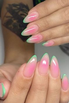 Watermelon Aura Nails, Green Nail, Summer Nails Colors, Manicure Y Pedicure, Summer Nail