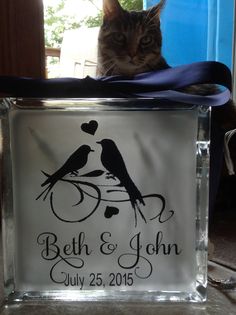 a cat sitting behind a glass block that says, beth and john on it's side