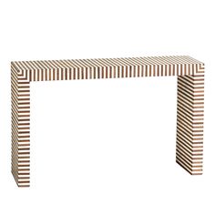 a white and brown striped console table against a white background with horizontal lines on it