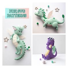 three different images of green and purple paper mache dragon with stars on its back