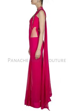 Fuschia Pink Designer Saree Gown Online Reception Georgette Pre-draped Saree Maxi Length, Fitted Georgette Gown With Sheer Bodice, Formal Floor-length Pre-draped Saree With Sheer Dupatta, Fitted Gown With Sheer Bodice In Georgette, Party Dress With Sheer Dupatta And Side Open, Party Gown With Cape Sleeves And Resham Embroidery, Pink Floor-length Evening Lehenga, Evening Floor-length Pink Lehenga, Elegant Pink Pre-draped Saree For Formal Occasions