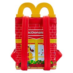 Find your happy place with our Loungefly McDonald’s® Happy Meal™ Mini Backpack. This figural backpack, shaped like a McDonald’s Happy Meal box, is filled with fun details. The red brick vegan leather façade features a window view into the festivities and characters inside. You’ll find Ronald McDonald™ passing by, with Hamburlgar™ looking through the window on the front. Side views include Grimace™ waving from inside, and the McDonald’s logo appears in the window on the other side. On the back, B Novelty Red Travel Bag, Playful Red Backpack For Everyday Use, Playful Red Standard Backpack, Happy Meal Box, Find Your Happy Place, Meal Box, Find Your Happy, Mcdonald's Happy Meal, Loungefly Bag