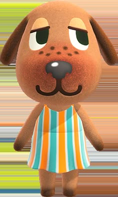 a brown dog with a blue and white striped dress standing in front of a white background