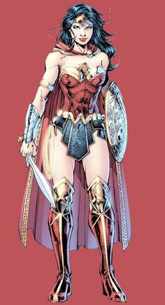 a woman dressed as wonder, standing with two swords in her hands and wearing armor