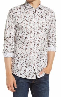 A fine floral print elevates a charming shirt cut from Hi Flex stretch cotton for an adaptive fit. Front button closure. Spread collar. Long sleeves with mitered, adjustable button cuffs. Back yoke. Curved hem Mens Blazers & Sports Coats - https://stores.ebay.com/SPECIALPLACE-in-Beverly-Hills Brax Mens Harry Modern Fit Stretch Floral Button Up Shirt Retail Price $148.00            On Sale Now $48.00 A fine floral print elevates a charming shirt cut from Hi Flex stretch cotton for an adaptive fit Slim Fit Long Sleeve Shirt With Floral Print, Floral Print Slim Fit Long Sleeve Shirt, Slim Fit Floral Print Long Sleeve Shirt, Fall Printed Shirt With Spread Collar, Slim Fit Cotton Top With Floral Print, Cotton Slim Fit Top With Floral Print, White Floral Print Shirt For Fall, Classic Button-up Shirt With Floral Print, Classic Floral Print Button-up Shirt