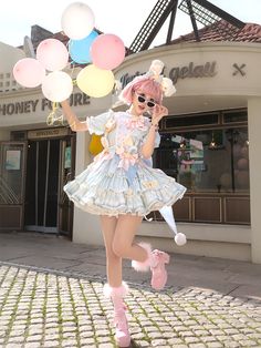 ❤︎Pastel Lollipop Circus Lolita❤︎ Lollipop Outfit, Halloween Fairy Kei Costume Dress, Pastel Lollipop, Candy Outfit, Fairy Kei Dress With Ruffles And Fitted Style, Ice Cream Dress, Summer Fairy Kei Cosplay Dress, Circus Dress, Pink Fairy Kei Mini Dress