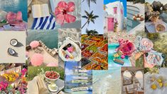 a collage of pictures with flowers and beach items