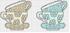 two cross stitch designs with different colors and patterns on them, one is blue and the other is yellow