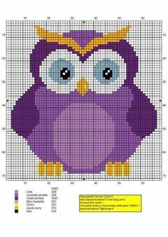 an owl with big eyes is shown in the cross stitch pattern