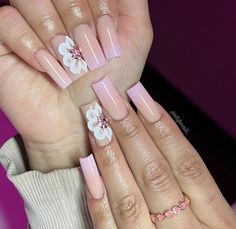 Short Pink Nails With Flower Design, Flower Nail Designs Coffin, Pink Quince Nails Short Simple, Pink Flower Nails Coffin, Birthday Nail Set Ideas Short, Pink And White Ombre Nails With 3d Flowers, Latina Acrylic Nails Short, Pink Quince Nails With Butterflies, Pink Flower Quince Nails