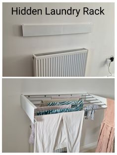 two pictures of clothes hanging on the wall and in front of an air conditioner