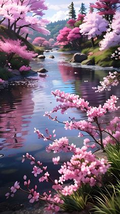 a painting of pink flowers on the side of a river