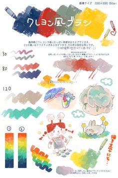 an image of some colorful watercolors on white paper with japanese characters and numbers