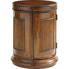 a wooden cabinet with doors on the front and bottom, sitting against a white background